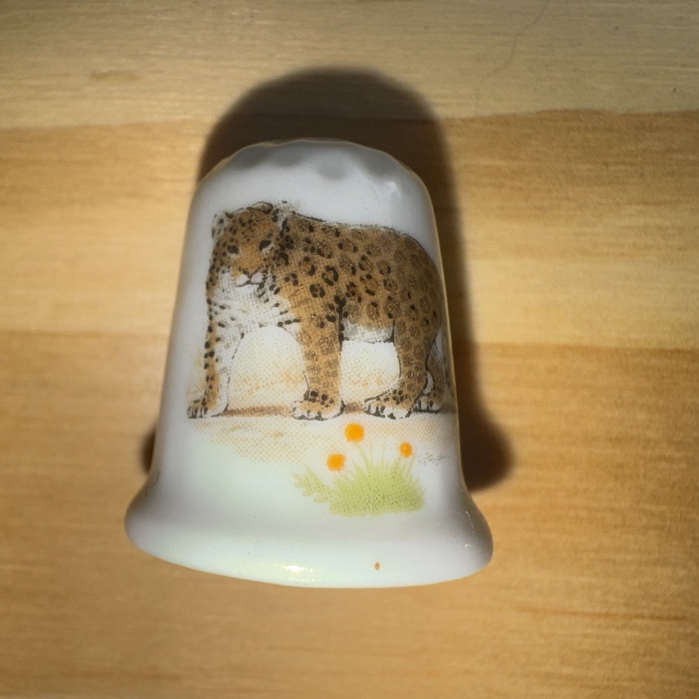 Vintage Porcelain Leopard Thimble Made in Japan White Glazed Wildlife Big Cat